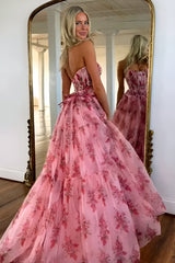 Pink Charming A-Line Strapless Long Print Tulle Prom Party Dress