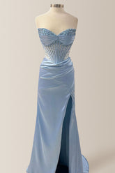 Pretty Dusty Blue Mermaid Strapless Long Satin Prom Dress With Beading