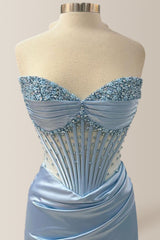 Pretty Dusty Blue Mermaid Strapless Long Satin Prom Dress With Beading