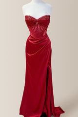 Pretty Dusty Blue Mermaid Strapless Long Satin Prom Dress With Beading