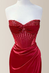 Pretty Dusty Blue Mermaid Strapless Long Satin Prom Dress With Beading