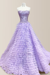 Princess A-Line Purple Spaghetti Straps Tulle Prom Dress with Sequined Appliques