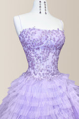 Princess A-Line Purple Spaghetti Straps Tulle Prom Dress with Sequined Appliques