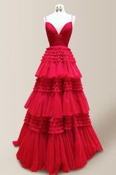 Red A-Line Spaghetti Straps Long Tiered Glitter Tulle Prom Dress