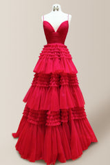 Red A-Line Spaghetti Straps Long Tiered Glitter Tulle Prom Dress