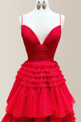 Red A-Line Spaghetti Straps Long Tiered Glitter Tulle Prom Dress