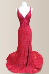 Red Mermaid V-Neck Lace Up Long Lace Prom Dress with Slit