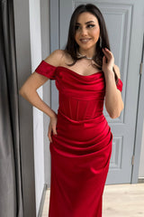 Red Off The Shoulder Mermaid Satin Prom Dress With Leg Slit
