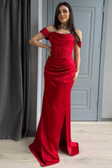 Red Off The Shoulder Mermaid Satin Prom Dress With Leg Slit