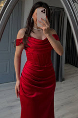 Red Off The Shoulder Mermaid Satin Prom Dress With Leg Slit