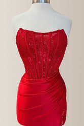 Red Mermaid Strapless Lace Top Short Satin Homecoming Party Dress