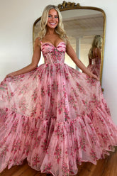 Romantic Pink A-Line Straps Zipper Back Long Print Tulle Prom Dress