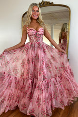 Romantic Pink A-Line Straps Zipper Back Long Print Tulle Prom Dress