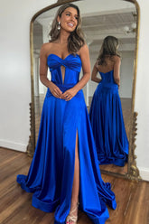 Royal Blue A-Line Sweetheart Long Satin Prom Dress with Slit