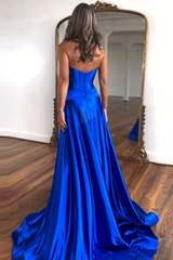 Royal Blue A-Line Sweetheart Long Satin Prom Dress with Slit