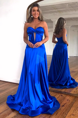 Royal Blue A-Line Sweetheart Long Satin Prom Dress with Slit
