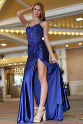 Royal Blue Mermaid Spaghetti Straps Glitter Top Prom Dress With Leg Slit