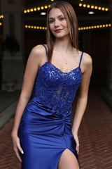 Royal Blue Mermaid Spaghetti Straps Glitter Top Prom Dress With Leg Slit