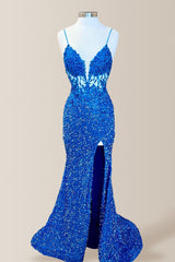 Royal Blue Mermaid Spaghetti Straps Long Sequin Prom Dress with Slit