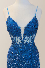 Royal Blue Mermaid Spaghetti Straps Long Sequin Prom Dress with Slit