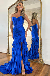 Royal Blue Strapless Long Satin Prom Dress with Ruffle Skirt and Slit