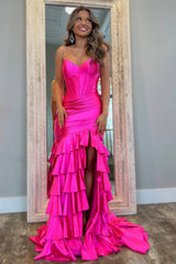 Royal Blue Strapless Long Satin Prom Dress with Ruffle Skirt and Slit