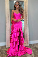 Royal Blue Strapless Long Satin Prom Dress with Ruffle Skirt and Slit