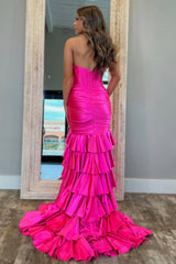 Royal Blue Strapless Long Satin Prom Dress with Ruffle Skirt and Slit