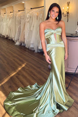 Sage Green Sweetheart Mermaid Long Satin Prom Party Dress