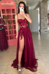 Sexy A-Line Spaghetti Straps Long Tulle Prom Dress with High Slit