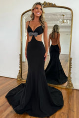 Sexy Black Mermaid Waist Hollow Backless Long Prom Dress with Bowknot