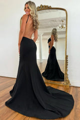 Sexy Black Mermaid Waist Hollow Backless Long Prom Dress with Bowknot