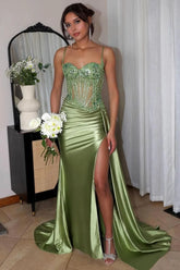 Sexy Mermaid Spaghetti Straps Long Glitter Prom Dress with High Slit