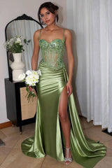 Sexy Mermaid Spaghetti Straps Long Glitter Prom Dress with High Slit