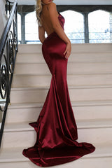 Sexy Mermaid Spaghetti Straps Open Back Long Satin Prom Party Dress With Slit