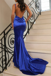 Sexy Mermaid Spaghetti Straps Open Back Long Satin Prom Party Dress