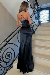 Sexy Mermaid Spaghetti Straps Satin Long Prom Dress With High Slit And Bowknot