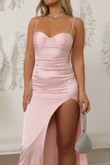 Sexy Pink Mermaid Spaghetti Straps Satin Long Prom Dress With High Slit