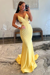 Shining Yellow Mermaid Cutout Waist Lace Up Corset Long Beaded Prom Dress