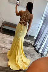 Shining Yellow Mermaid Cutout Waist Lace Up Corset Long Beaded Prom Dress