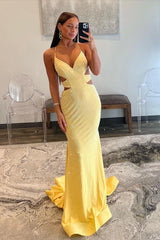 Shining Yellow Mermaid Cutout Waist Lace Up Corset Long Beaded Prom Dress