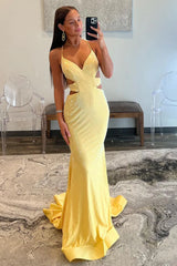Shining Yellow Mermaid Cutout Waist Lace Up Corset Long Beaded Prom Dress