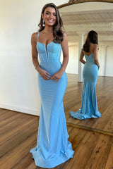 Shining Mermaid Spaghetti Straps Long Corset Beaded Prom Dress