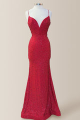 Shiny Red Mermaid Spaghetti Straps Long Beaded Prom Dress