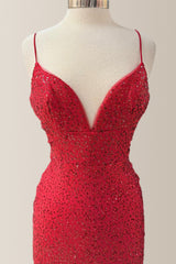 Shiny Red Mermaid Spaghetti Straps Long Beaded Prom Dress