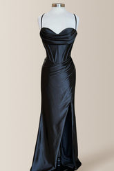 Simple Black Mermaid Spaghetti Straps Long Satin Formal Dress With Slit