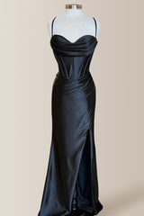 Simple Black Mermaid Spaghetti Straps Long Satin Formal Dress With Slit