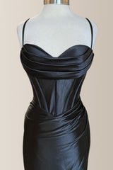 Simple Black Mermaid Spaghetti Straps Long Satin Formal Dress With Slit