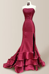 Simple Burgundy Mermaid Strapless Long Tiered Satin Prom Dress