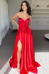Simple Red Sweetheart A-Line Long Satin Prom Dress with Leg Slit